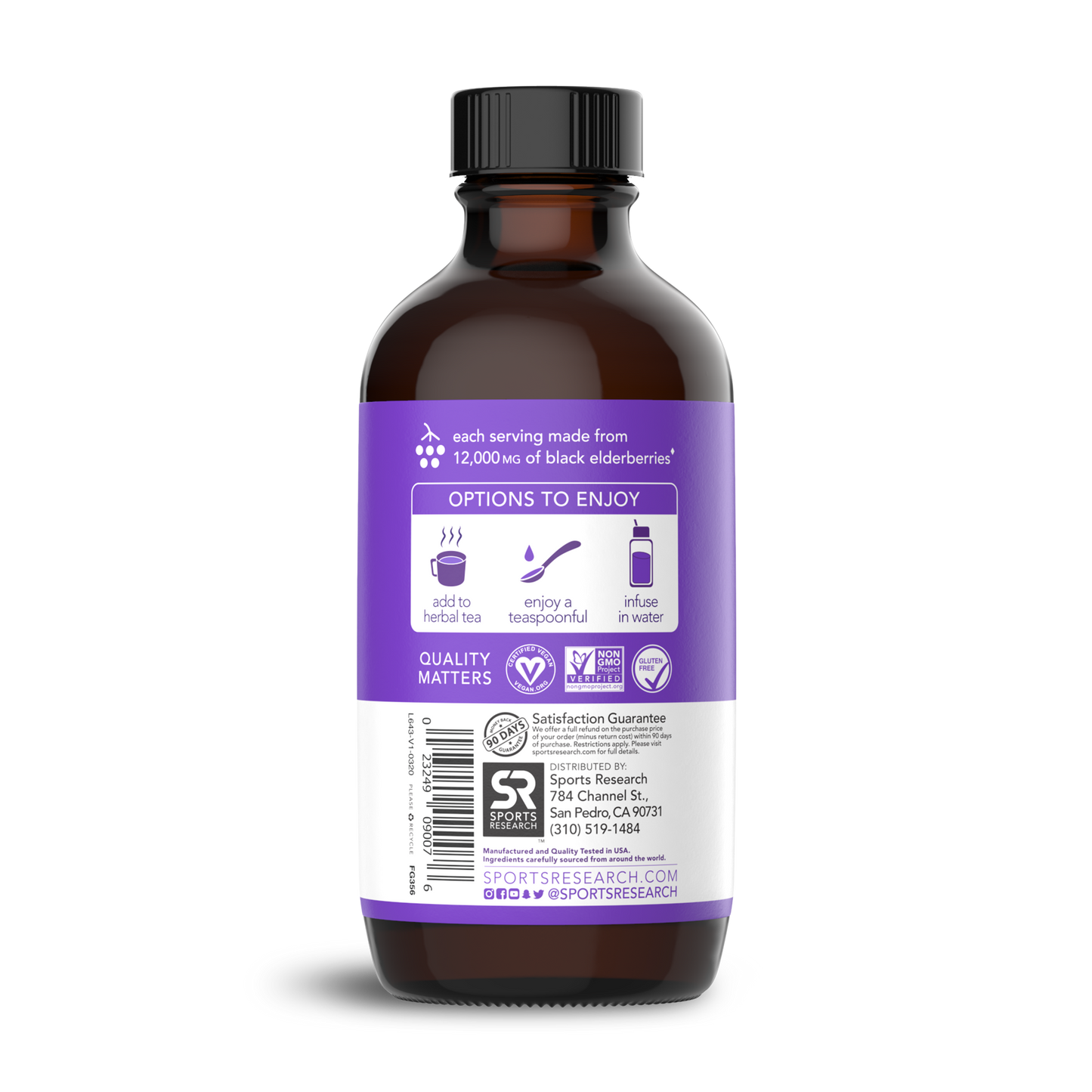 a bottle of Elderberry Liquid Syrup by Sports Research on a white background.
