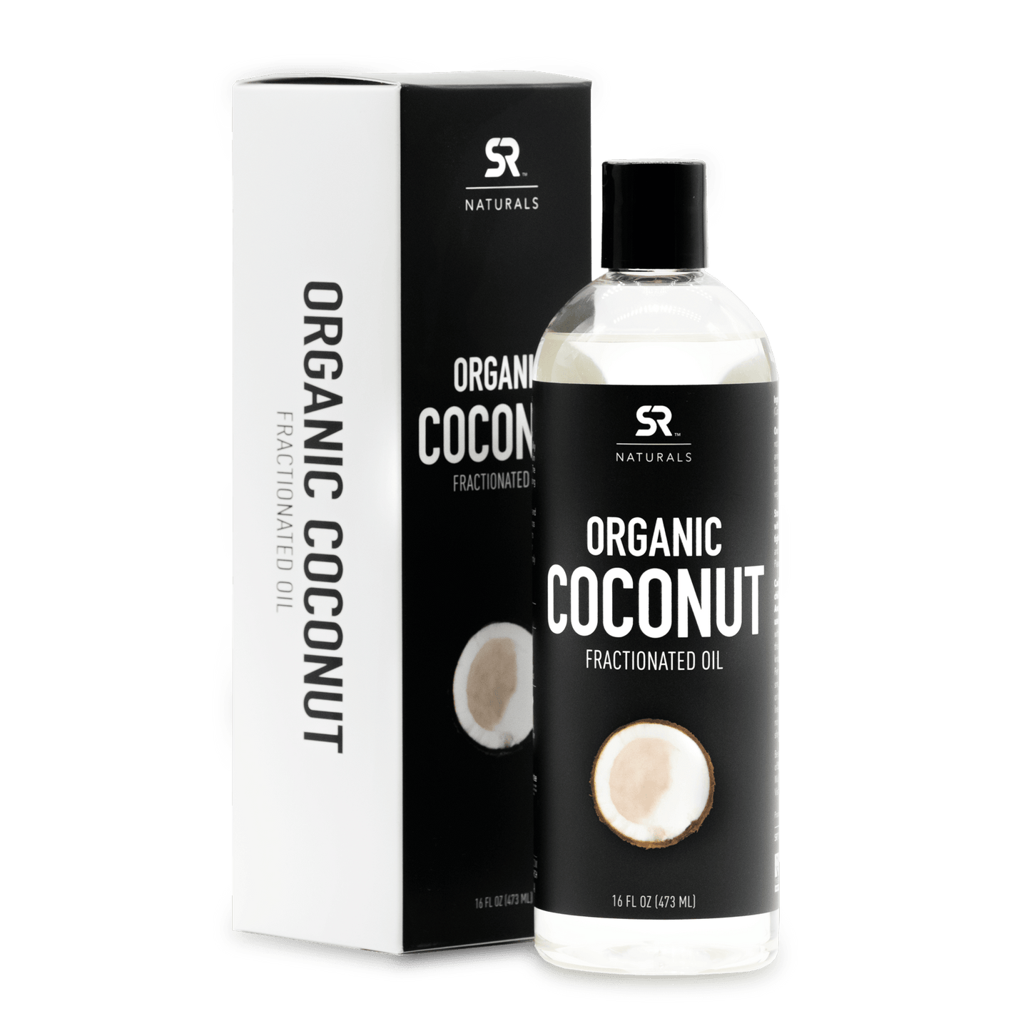 a bottle of SR Naturals® Organic Fractionated Coconut Oil by Sports Research next to a box.