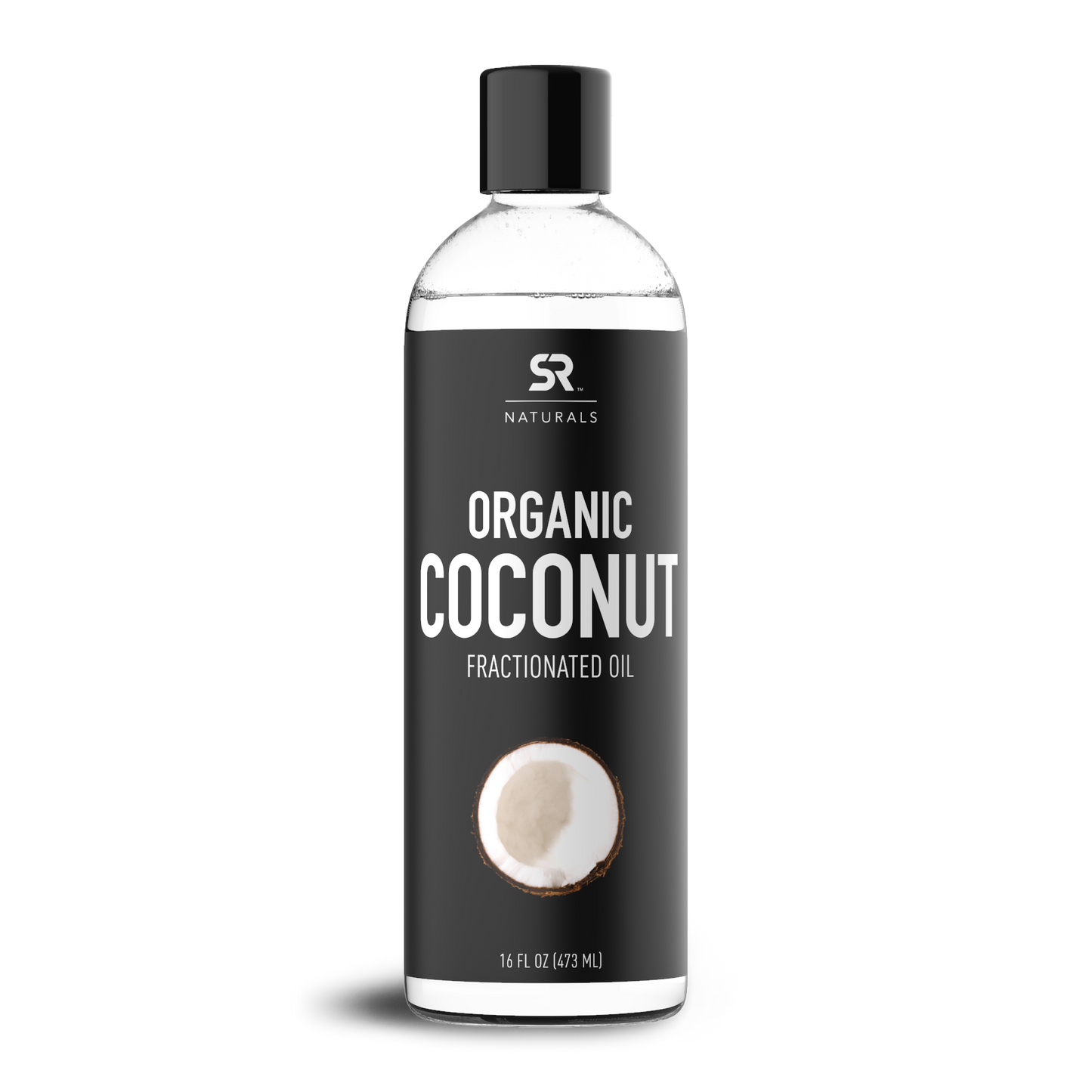 a bottle of SR Naturals® Organic Fractionated Coconut Oil by Sports Research on a white background.
