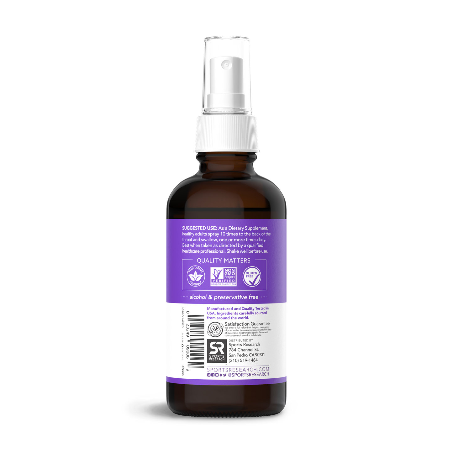 a bottle of Sports Research Elderberry Liquid Spray with a purple label.