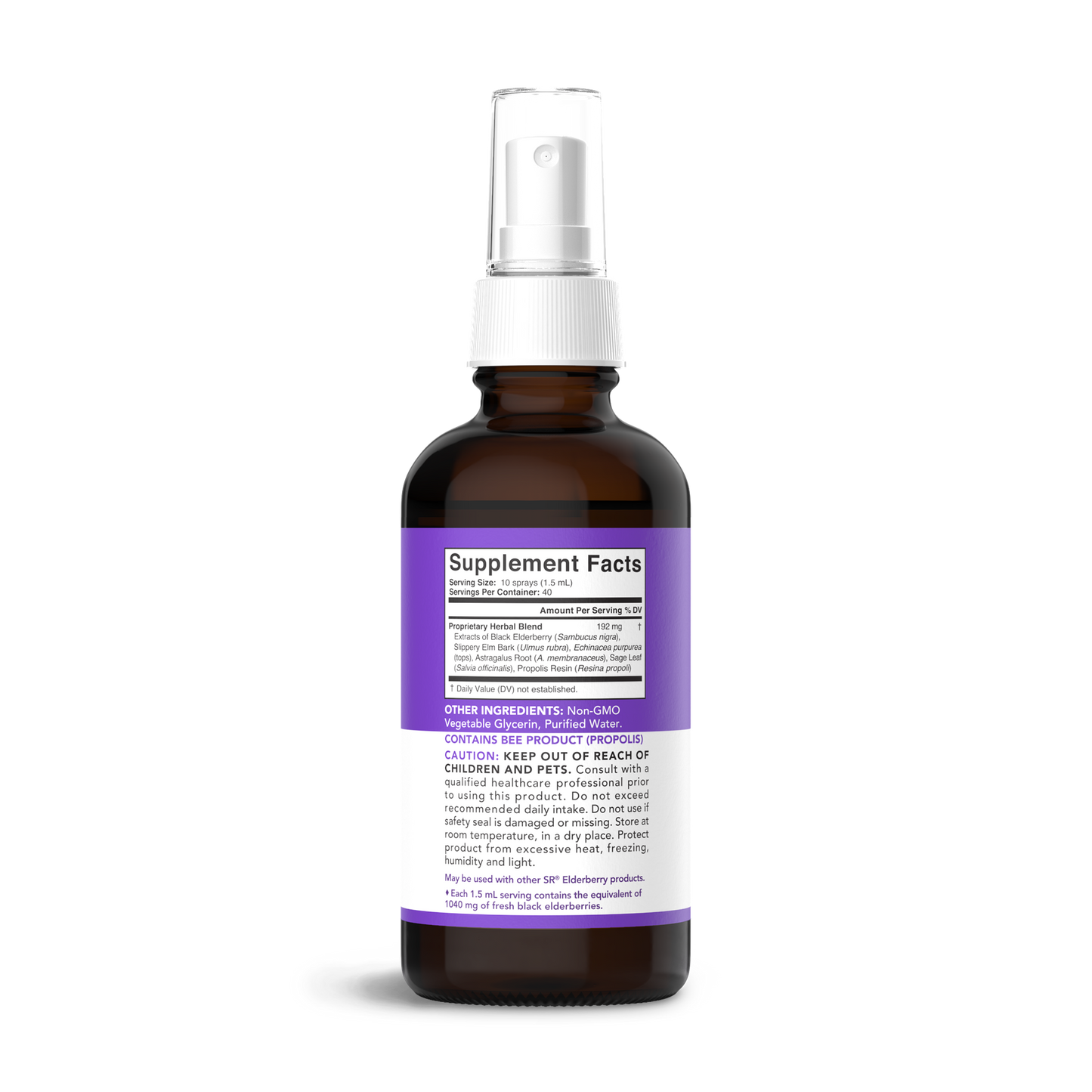 a bottle of Elderberry Liquid Spray with a label on it. (Brand: Sports Research)