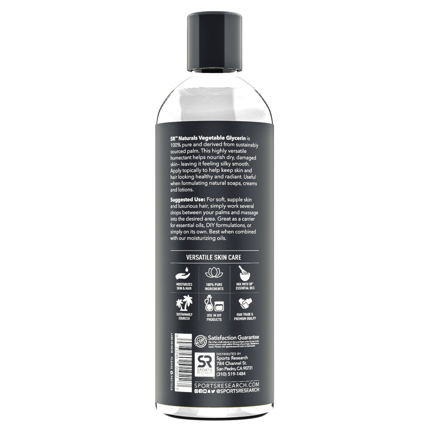 the back of a bottle of SR Naturals® Vegetable Glycerin Oil on a white background, by Sports Research.