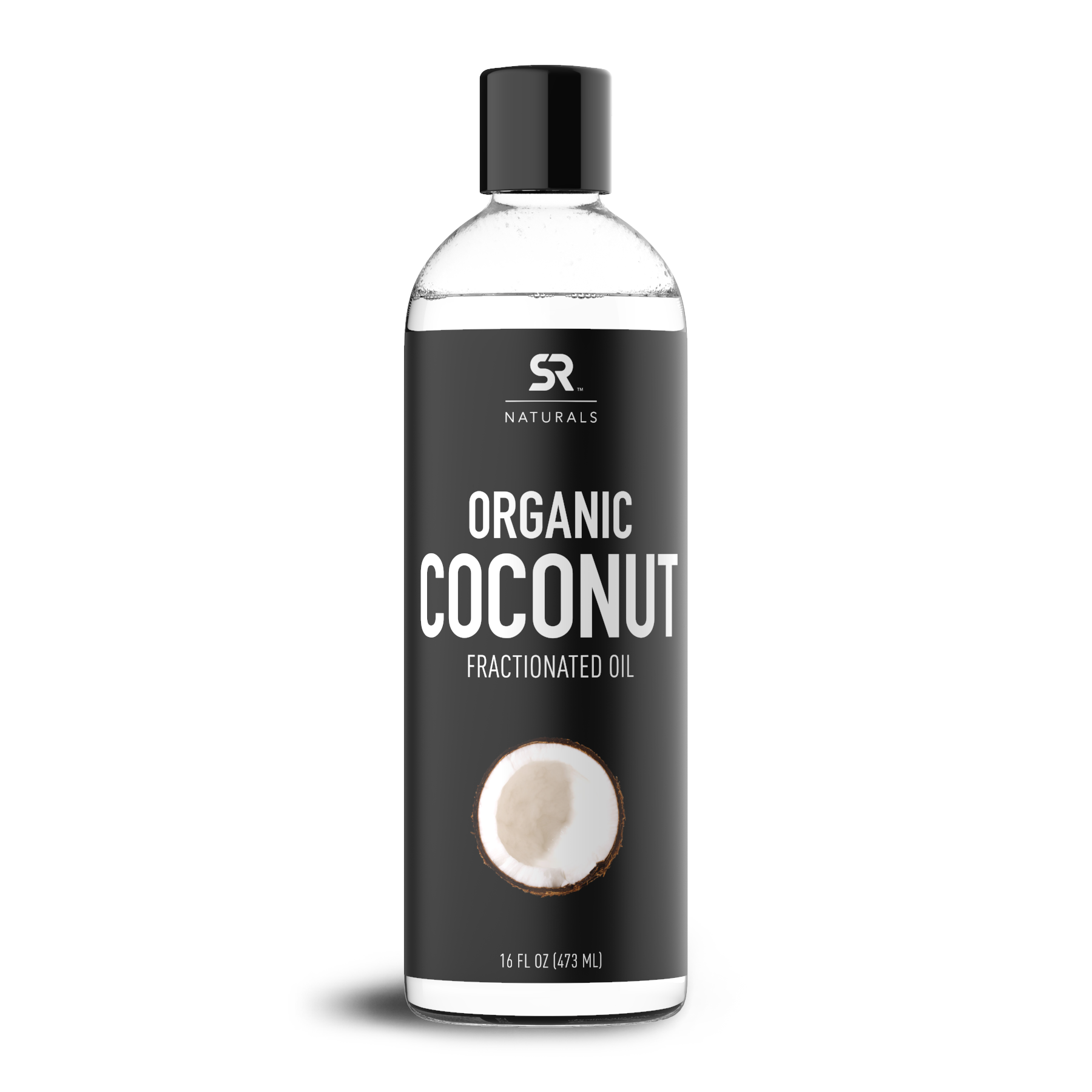 a bottle of SR Naturals® Organic Fractionated Coconut Oil by Sports Research on a white background.