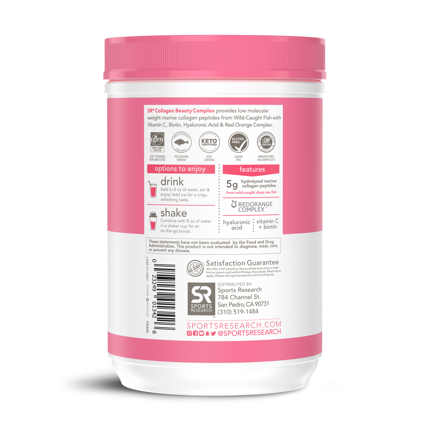 the back of a pink container of Marine Collagen Complex with Hyaluronic Acid from Sports Research.