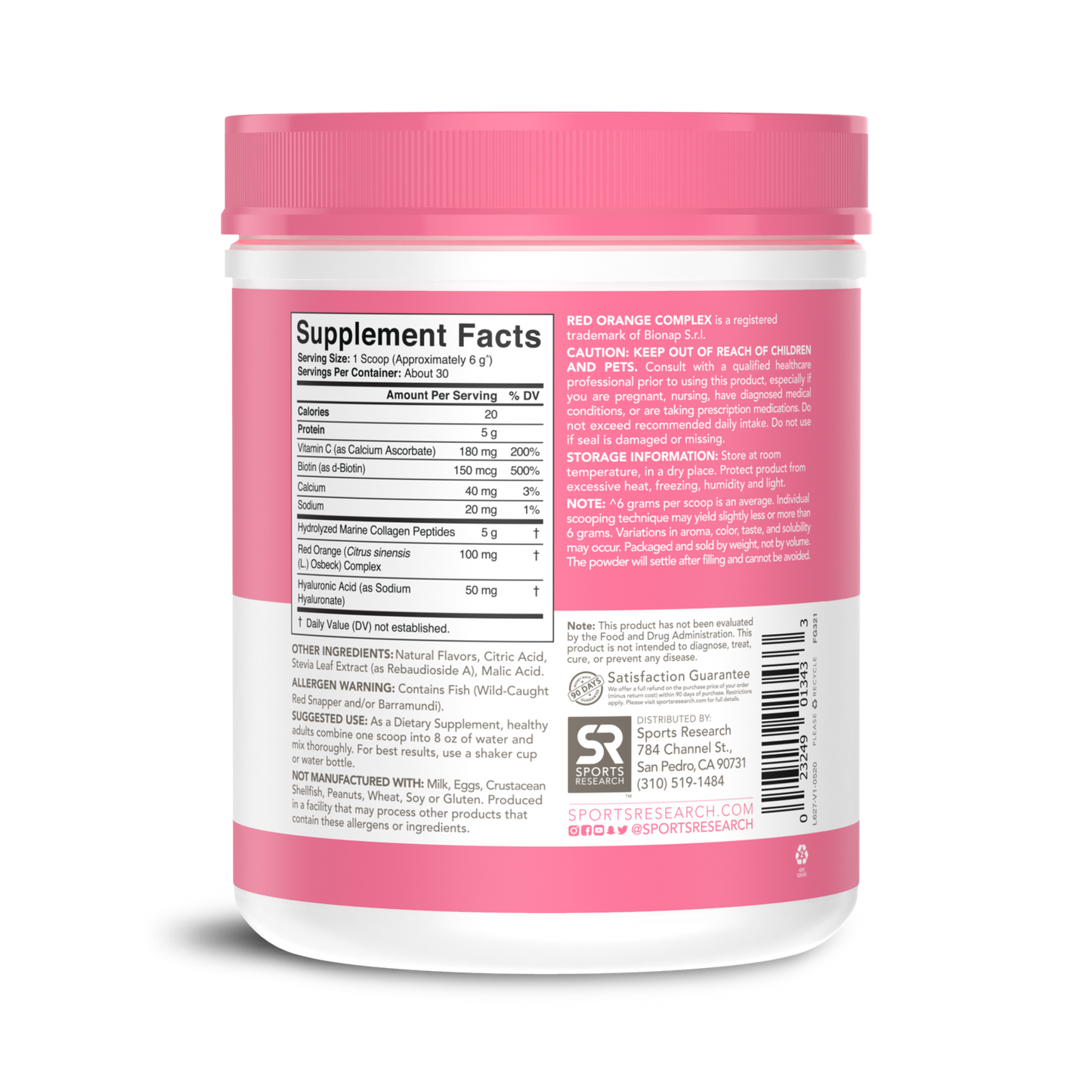 The back of a Marine Collagen Complex with Hyaluronic Acid powdered supplement made by Sports Research.