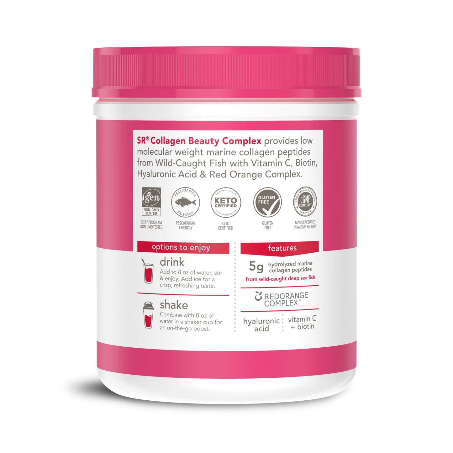 a pink and white container of Sports Research Marine Collagen Complex with Hyaluronic Acid, with white text and red label.