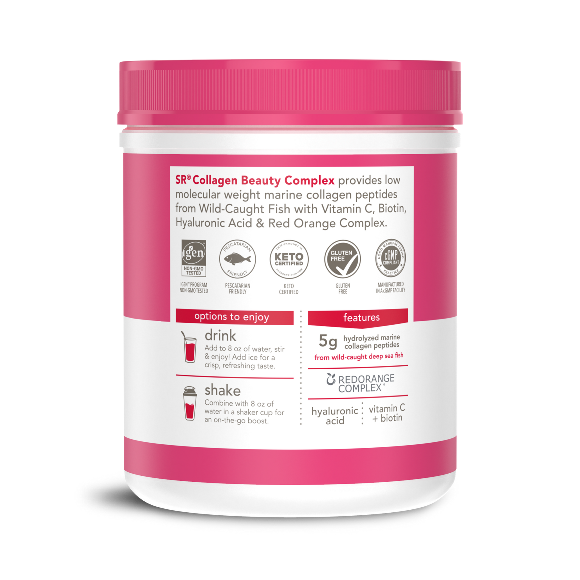 a pink and white container of Sports Research Marine Collagen Complex with Hyaluronic Acid, with white text and red label.