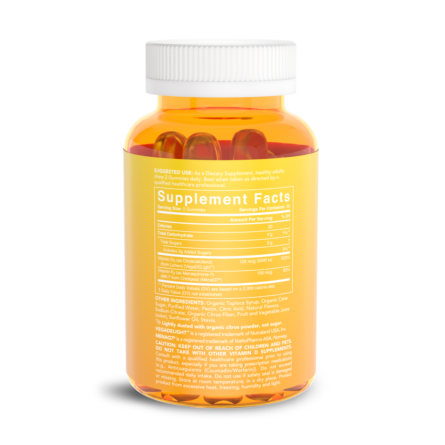 a bottle of Sports Research Vegan D3 + K2 Gummies on a white background.