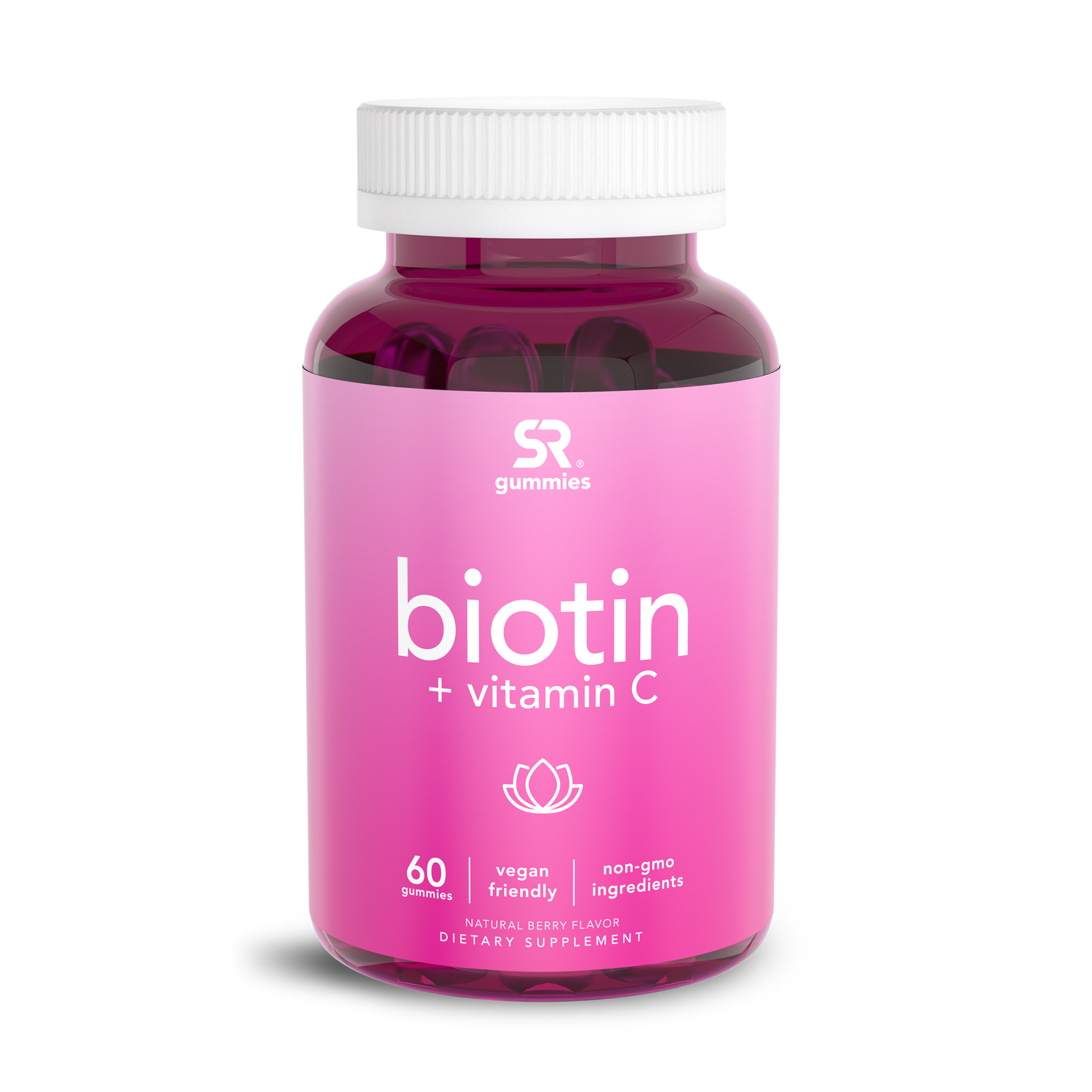 a pink bottle of Sports Research Biotin + Vitamin C Gummies with a white lid.