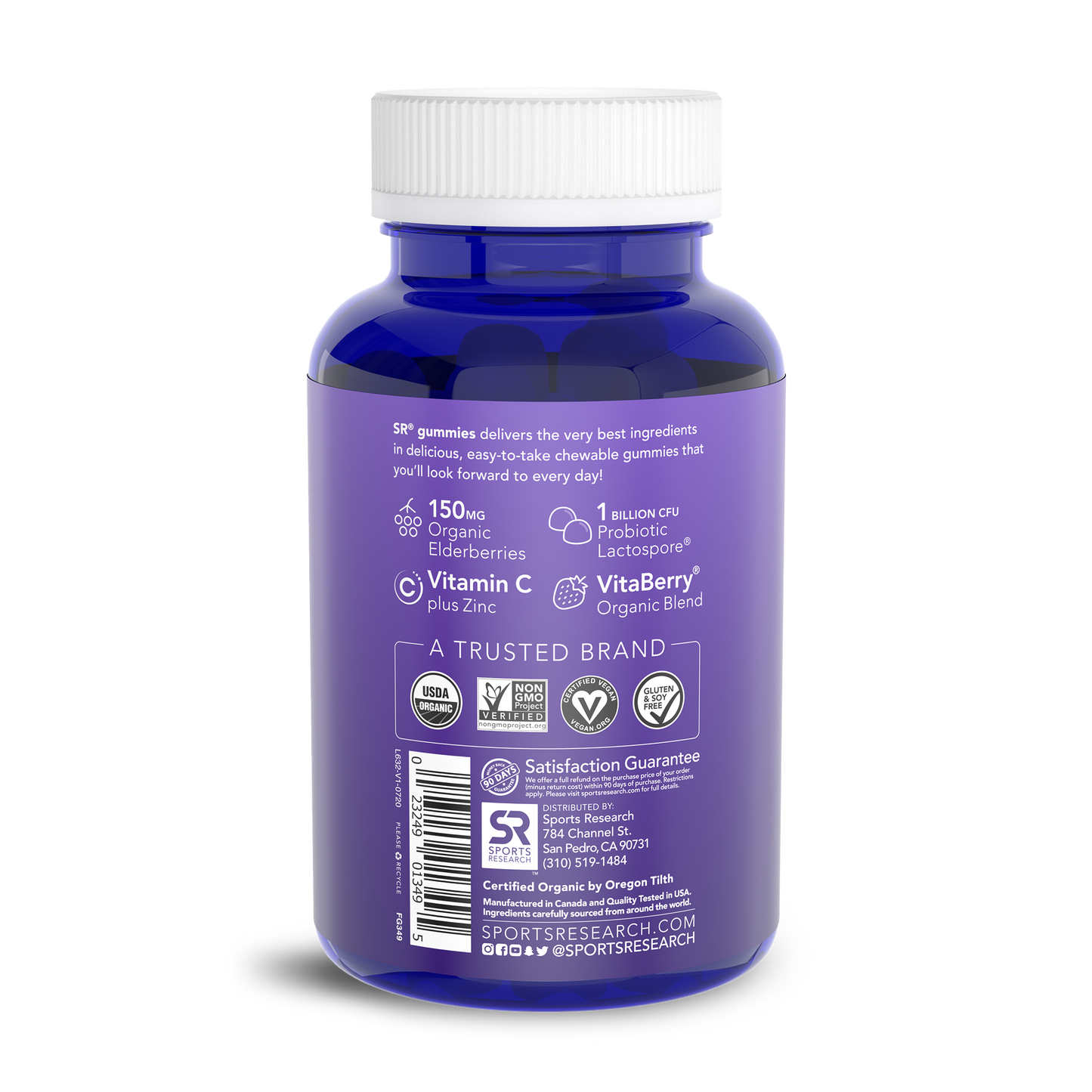 the back of a Sports Research Organic Elderberry Gummies bottle with a purple label.