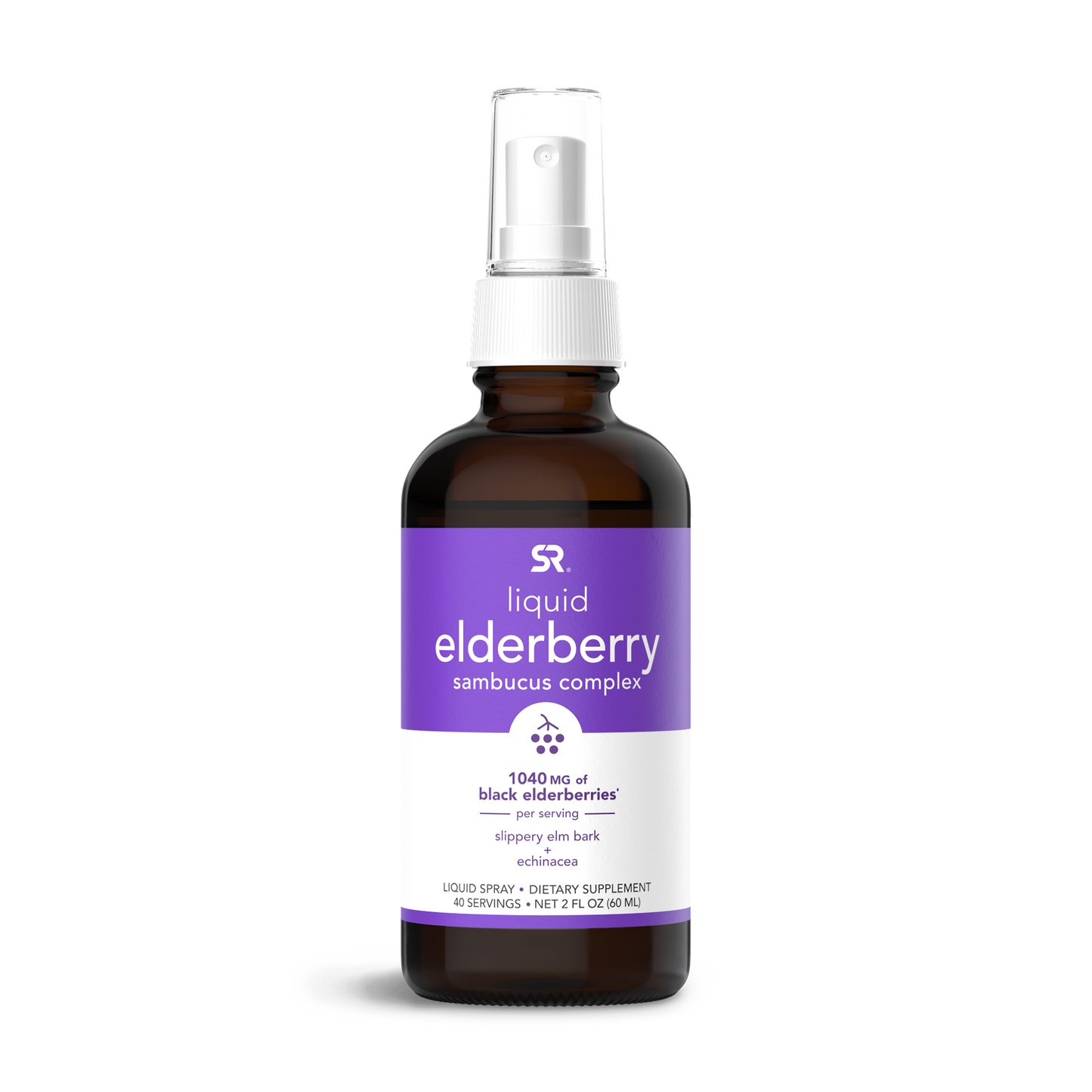 a bottle of Elderberry Liquid Spray with a purple label by Sports Research.