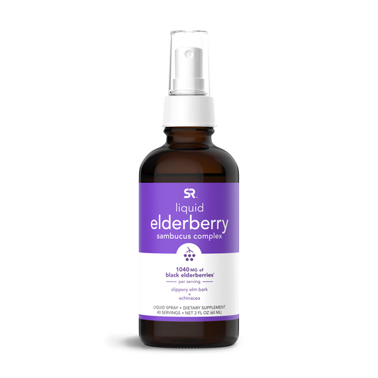 a bottle of Elderberry Liquid Spray with a purple label by Sports Research.
