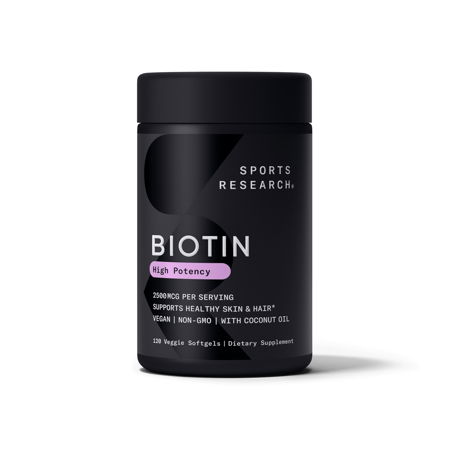 a bottle of Biotin with Organic Coconut Oil by Sports Research on a white background.