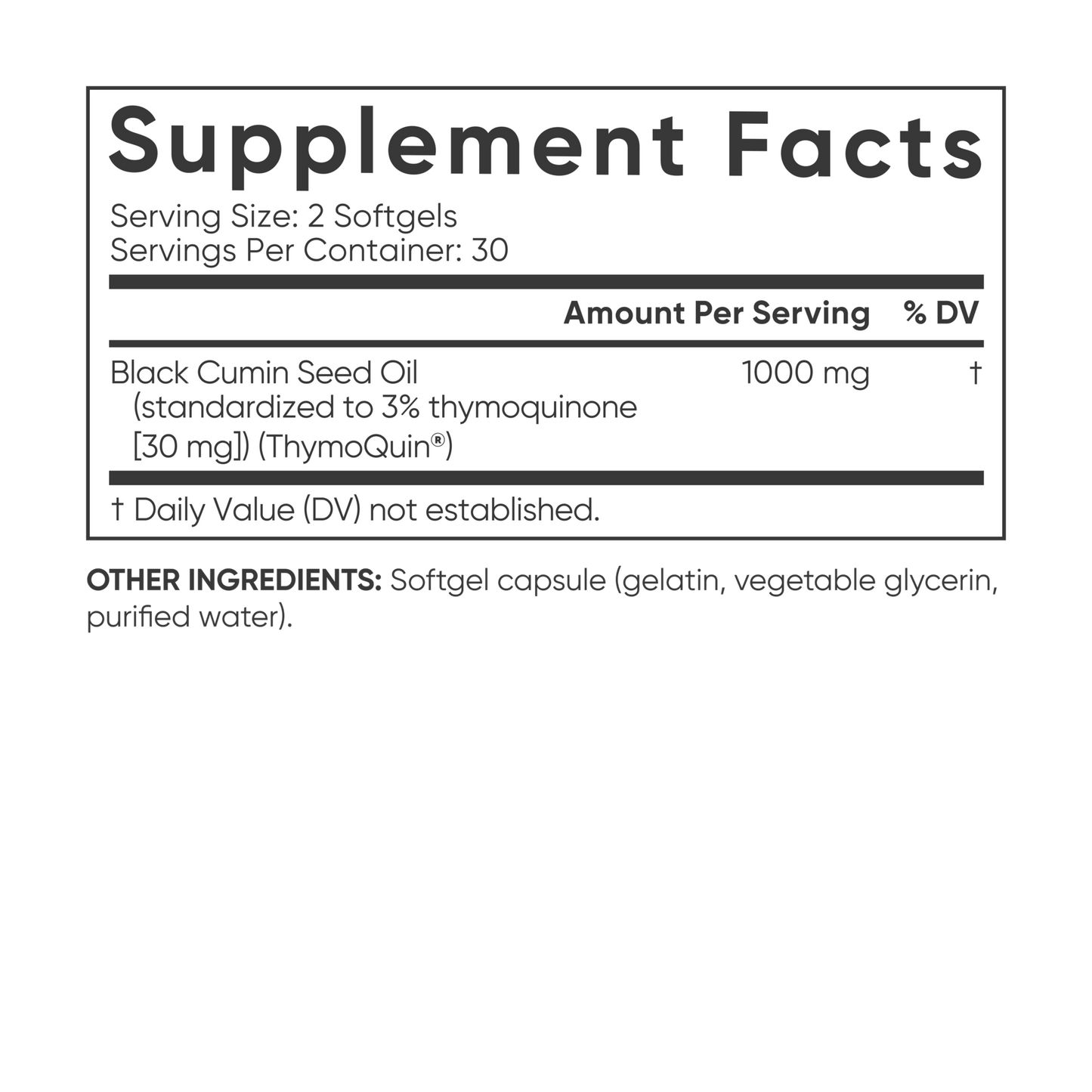 a label for a supplement that contains Black Cumin Seed Oil with Thymoquin®, made by Sports Research.