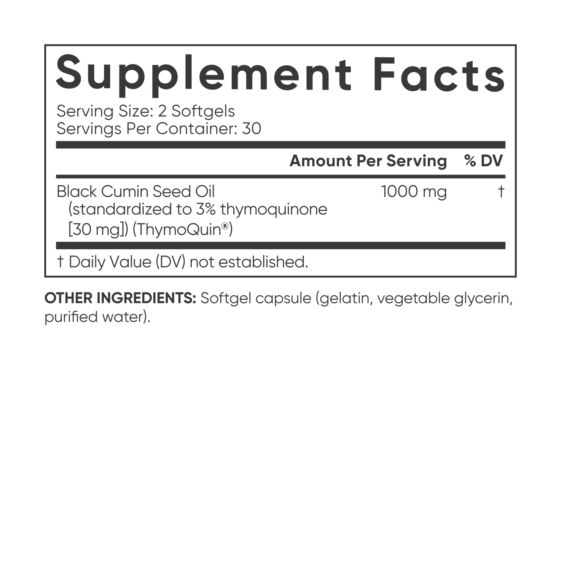 a label for a supplement that contains Black Cumin Seed Oil with Thymoquin®, made by Sports Research.