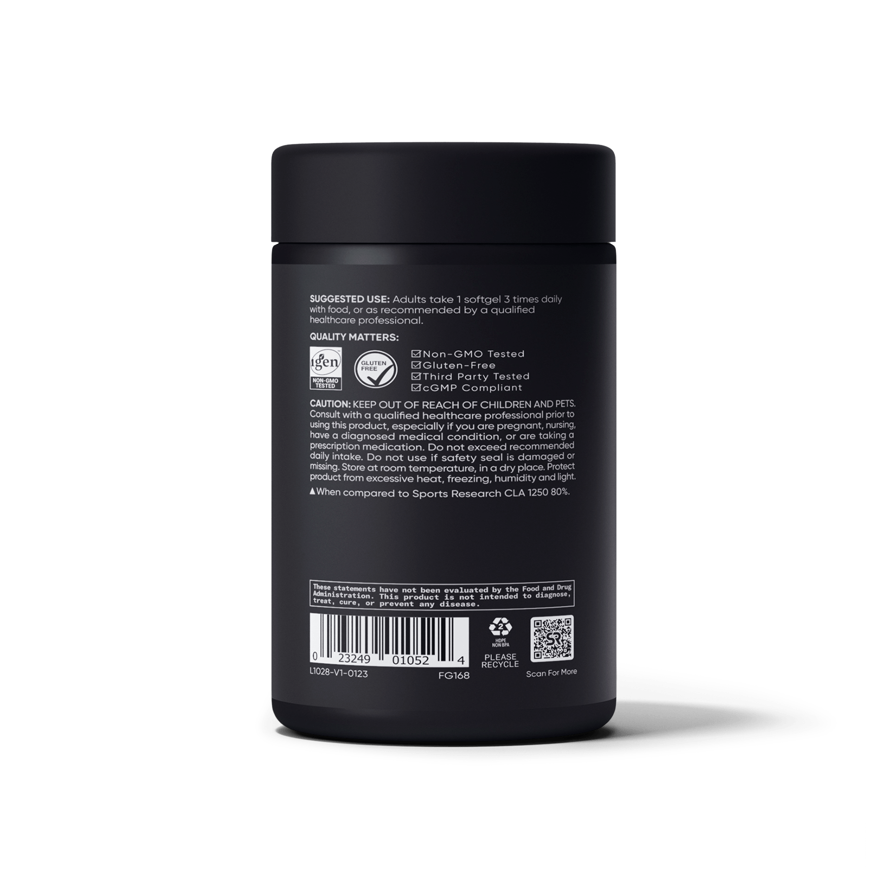 a jar of Sports Research Max Potency CLA 1250 on a white background.