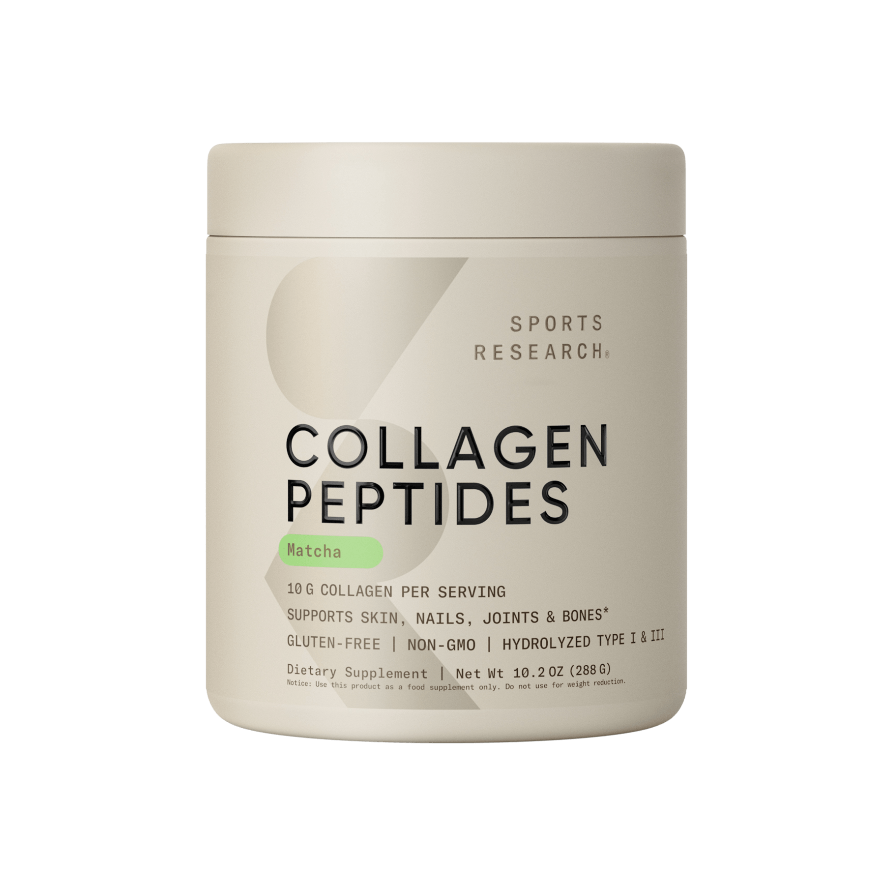 Sports Research Collagen Peptides with Matcha Green Tea.