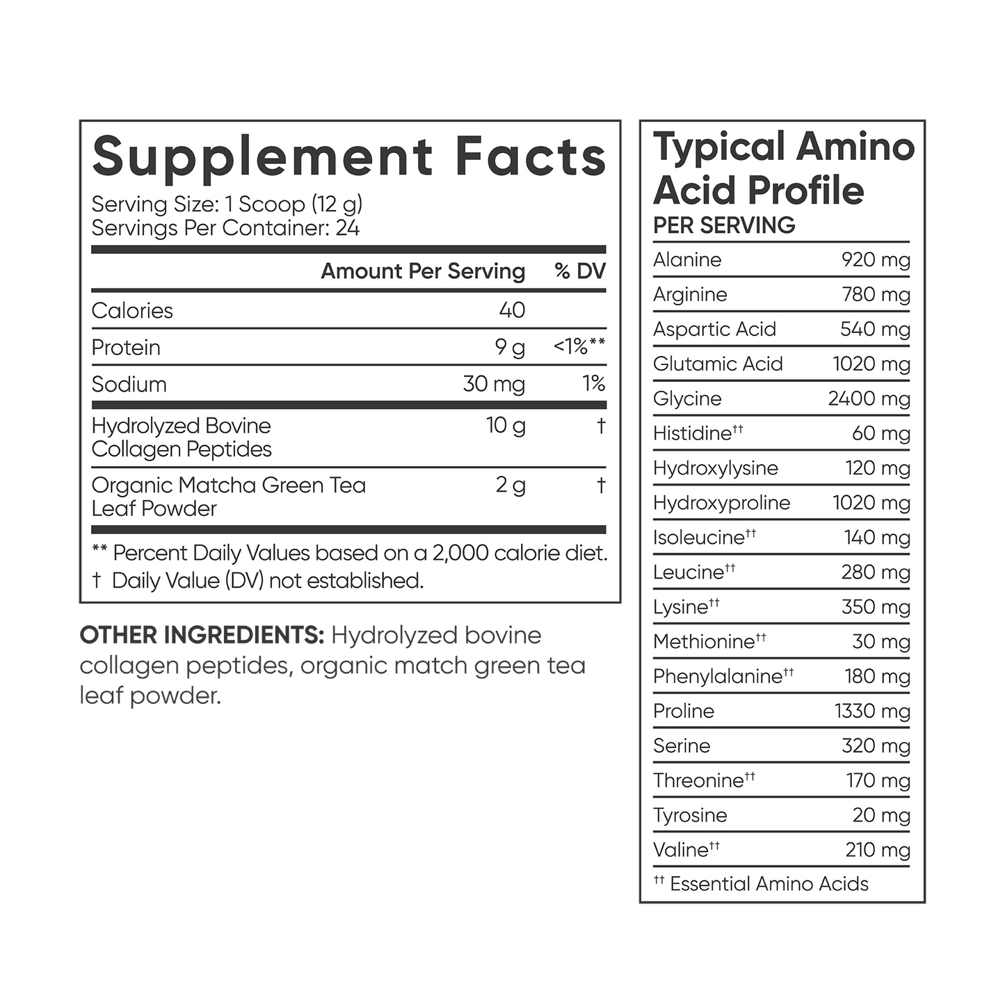 a label for Sports Research Collagen Peptides with Matcha Green Tea supplement with a list of ingredients.