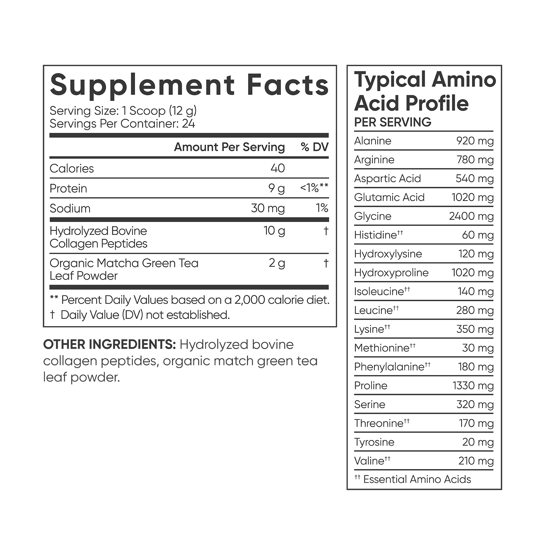 a label for Sports Research Collagen Peptides with Matcha Green Tea supplement with a list of ingredients.