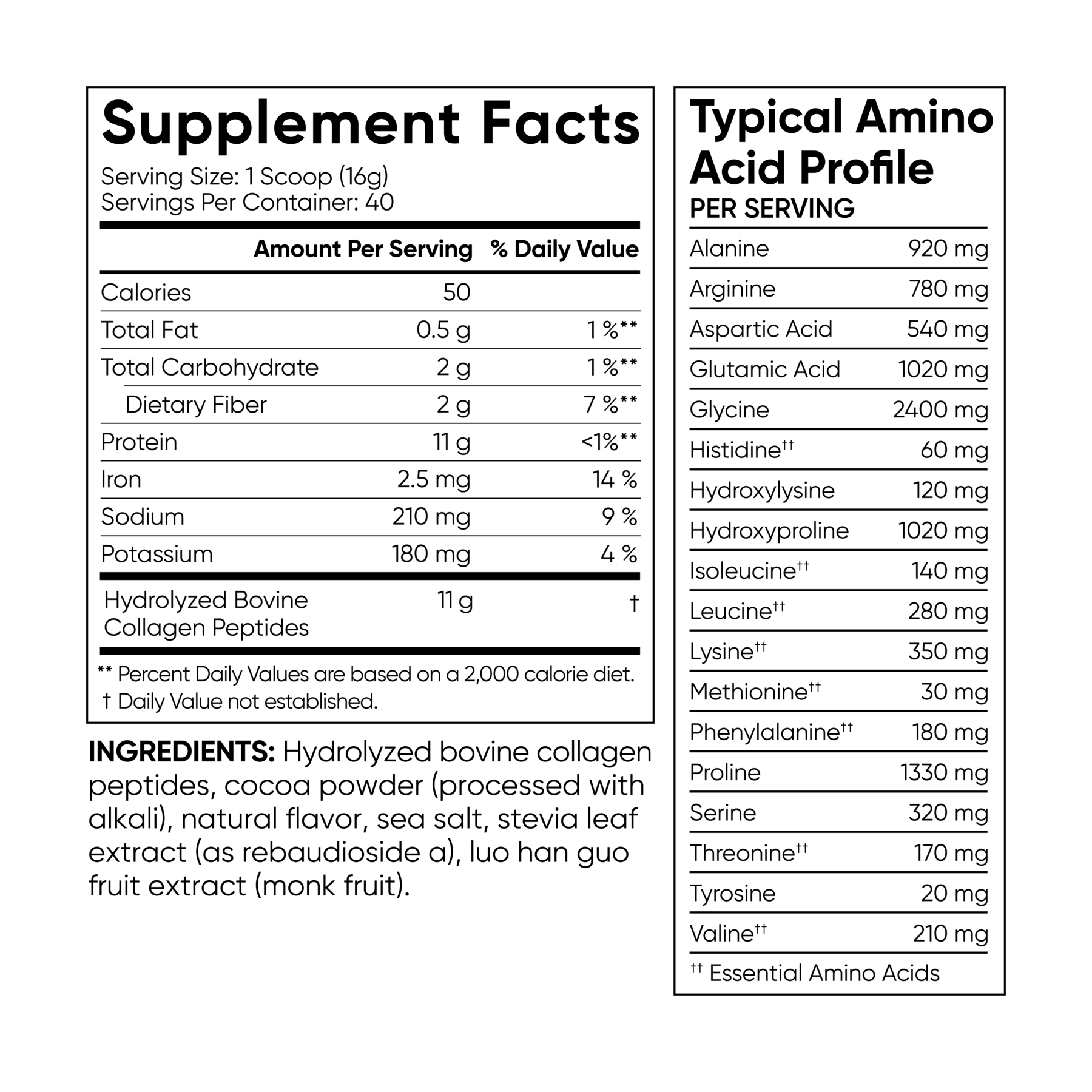 A label showing the amino acid profile of Sports Research's Collagen Peptides - Flavored supplement.