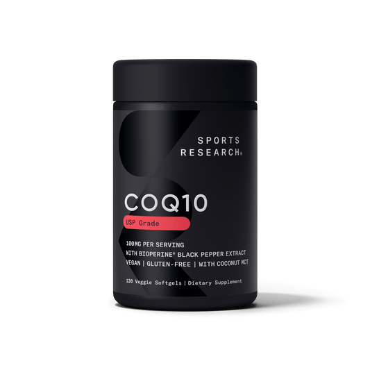 A bottle of CoQ10 with Coconut MCT Oil & BioPerine® by Sports Research on a white background.