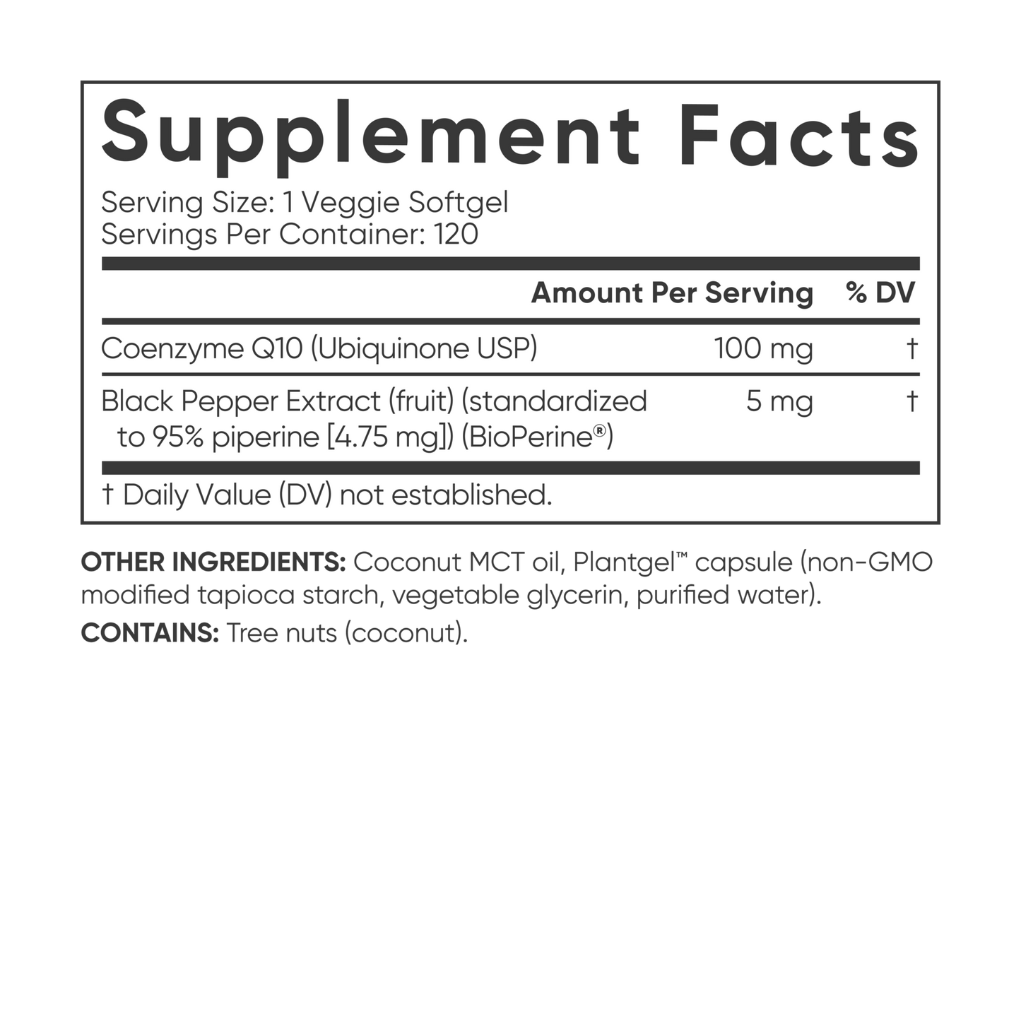 a label for Sports Research's CoQ10 with Coconut MCT Oil & BioPerine® supplement.