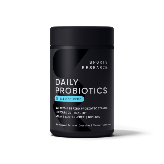a bottle of Sports Research Daily Probiotics with Prebiotics on a white background.