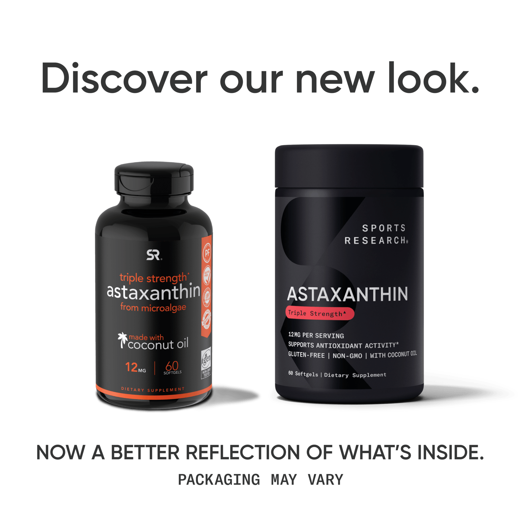 a bottle of Triple Strength Astaxanthin with Coconut Oil by Sports Research with the words discover our new research.
