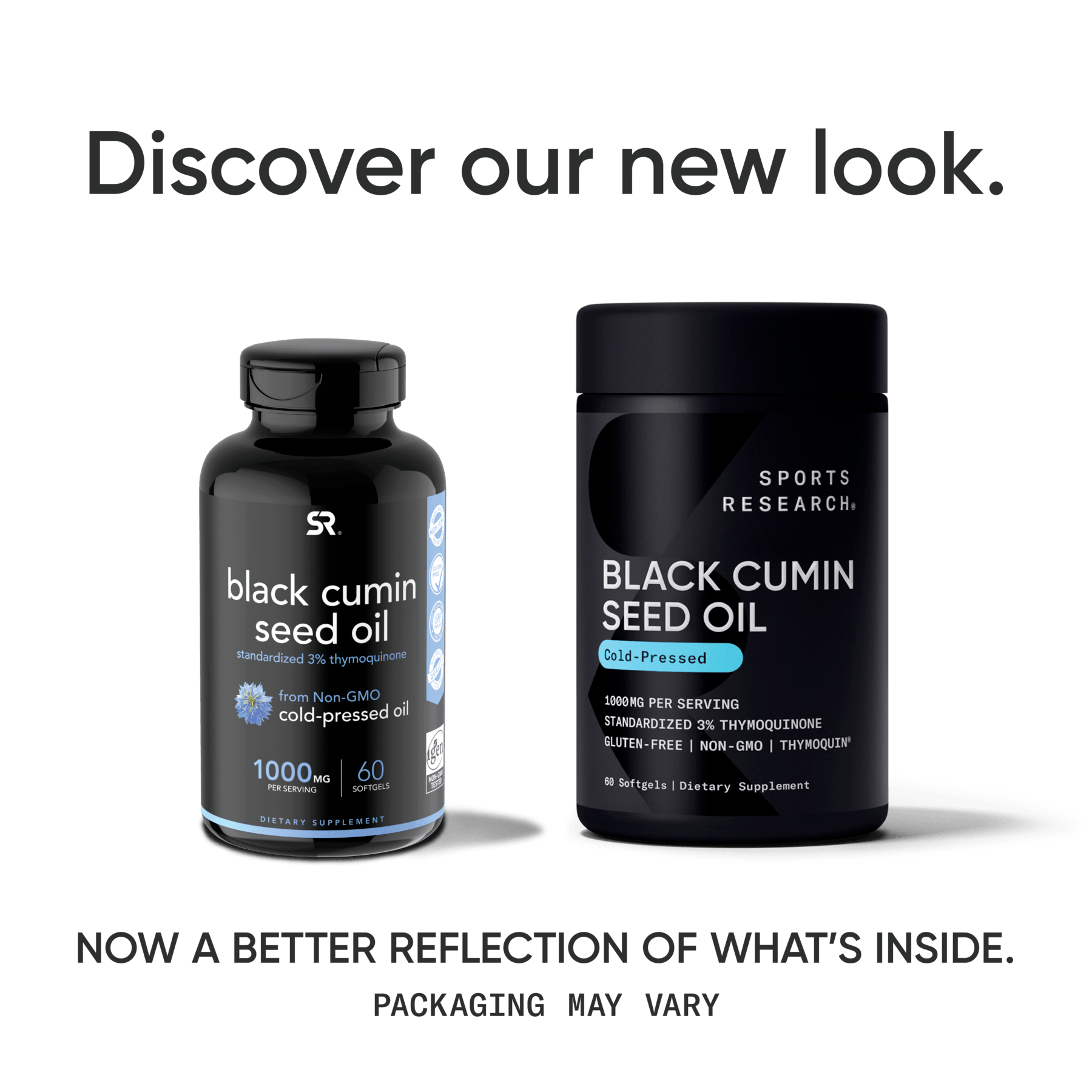 a bottle of Black Cumin Seed Oil with Thymoquin®, from Sports Research, with the words discover our new look.