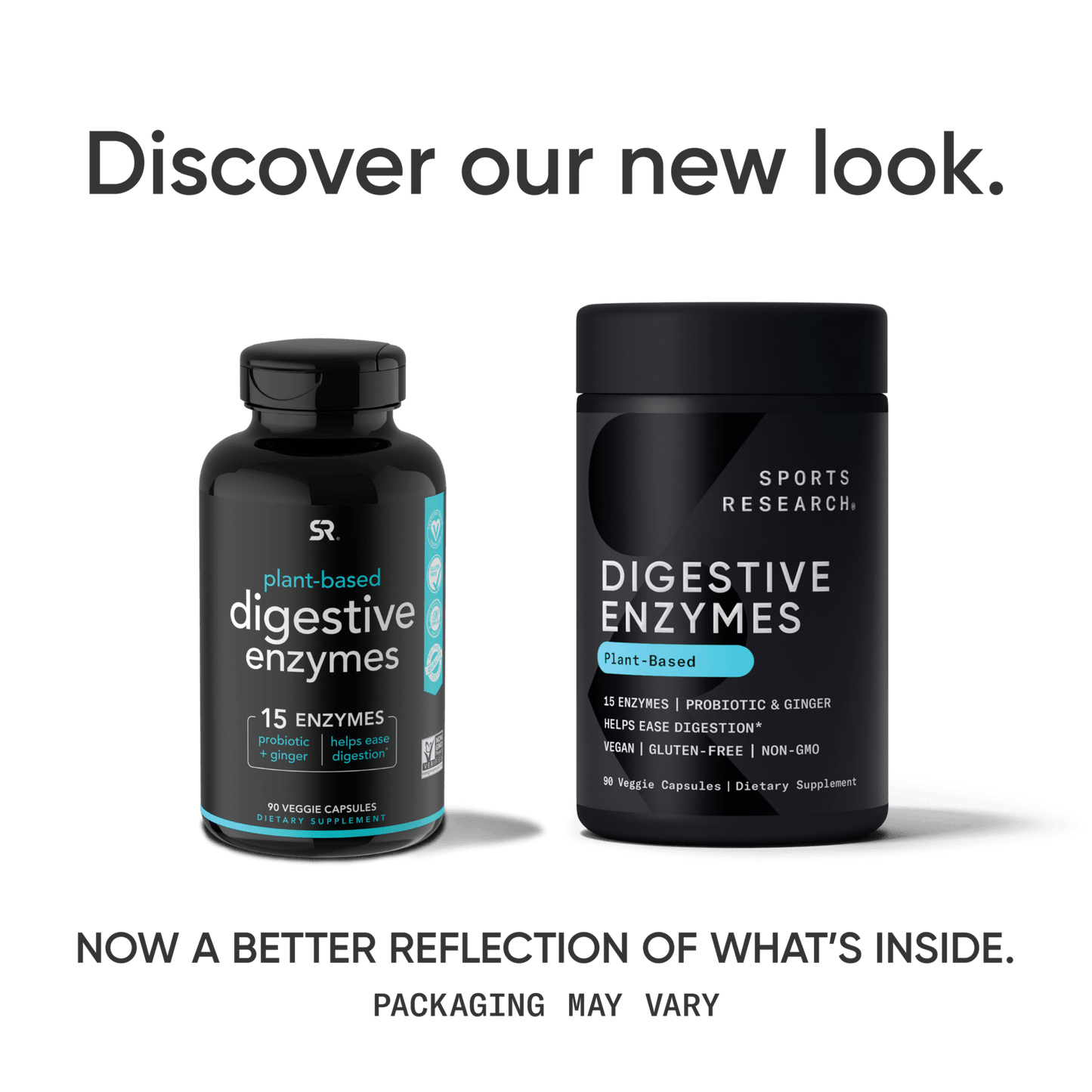 a bottle of Digestive Enzymes with Probiotic and Ginger from Sports Research, with the text, discover our new look.