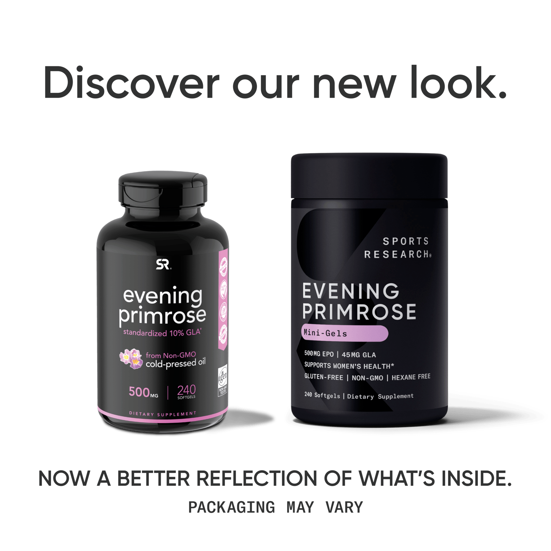 a bottle of Evening Primrose Oil Mini-Gels with the text, discover our new research. Brand: Sports Research