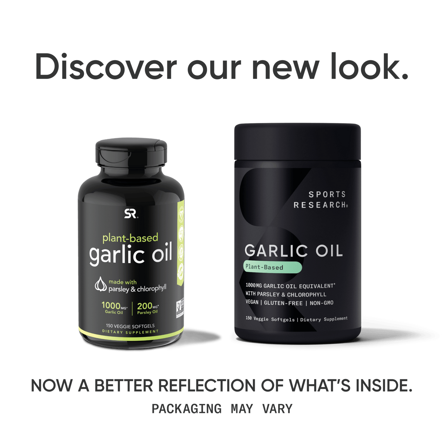 a bottle of Garlic Oil with Parsley and Chlorophyll with the text, discover our new research, by Sports Research.