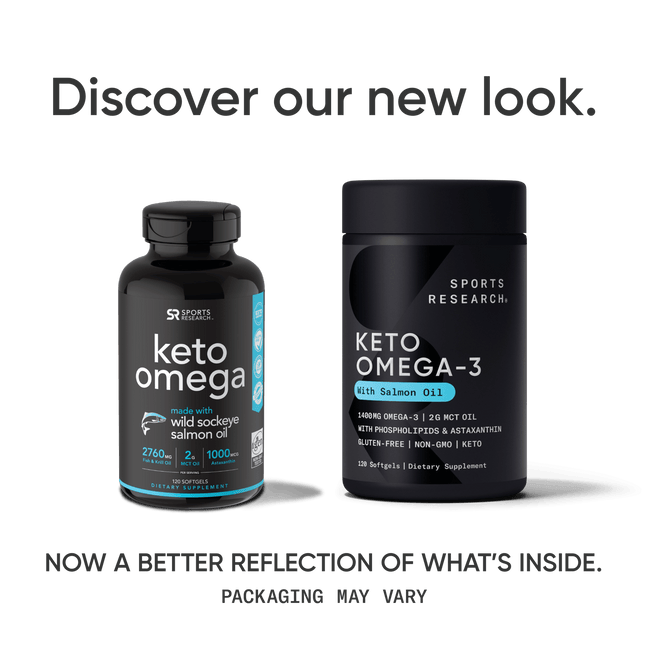 a bottle of Keto Omega with Coconut MCT Oil from Sports Research with the words discover new look.