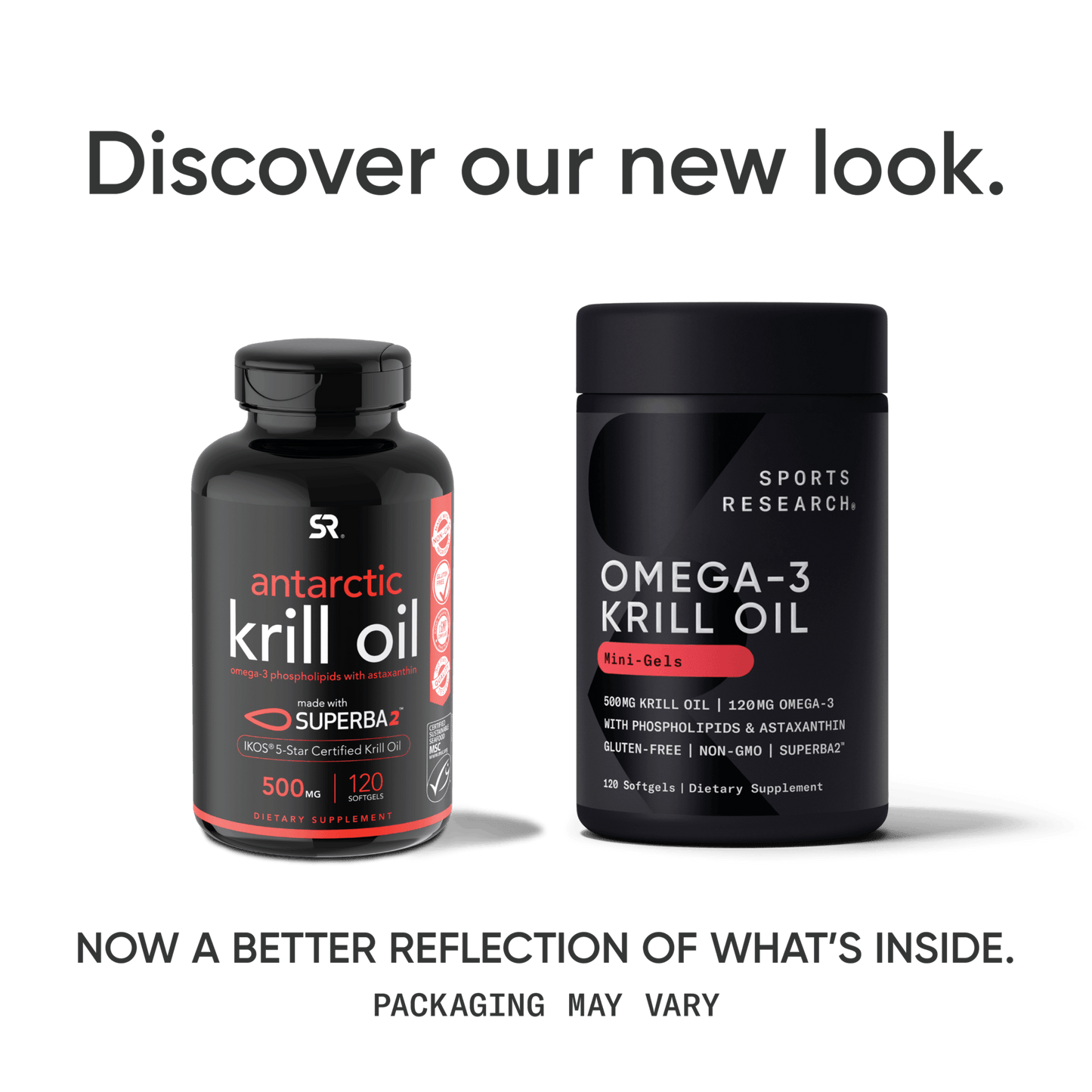 a bottle of Sports Research Omega-3 Antarctic Krill Oil Softgels and a bottle of Sports Research Omega-3 Antarctic Krill Oil Softgels.