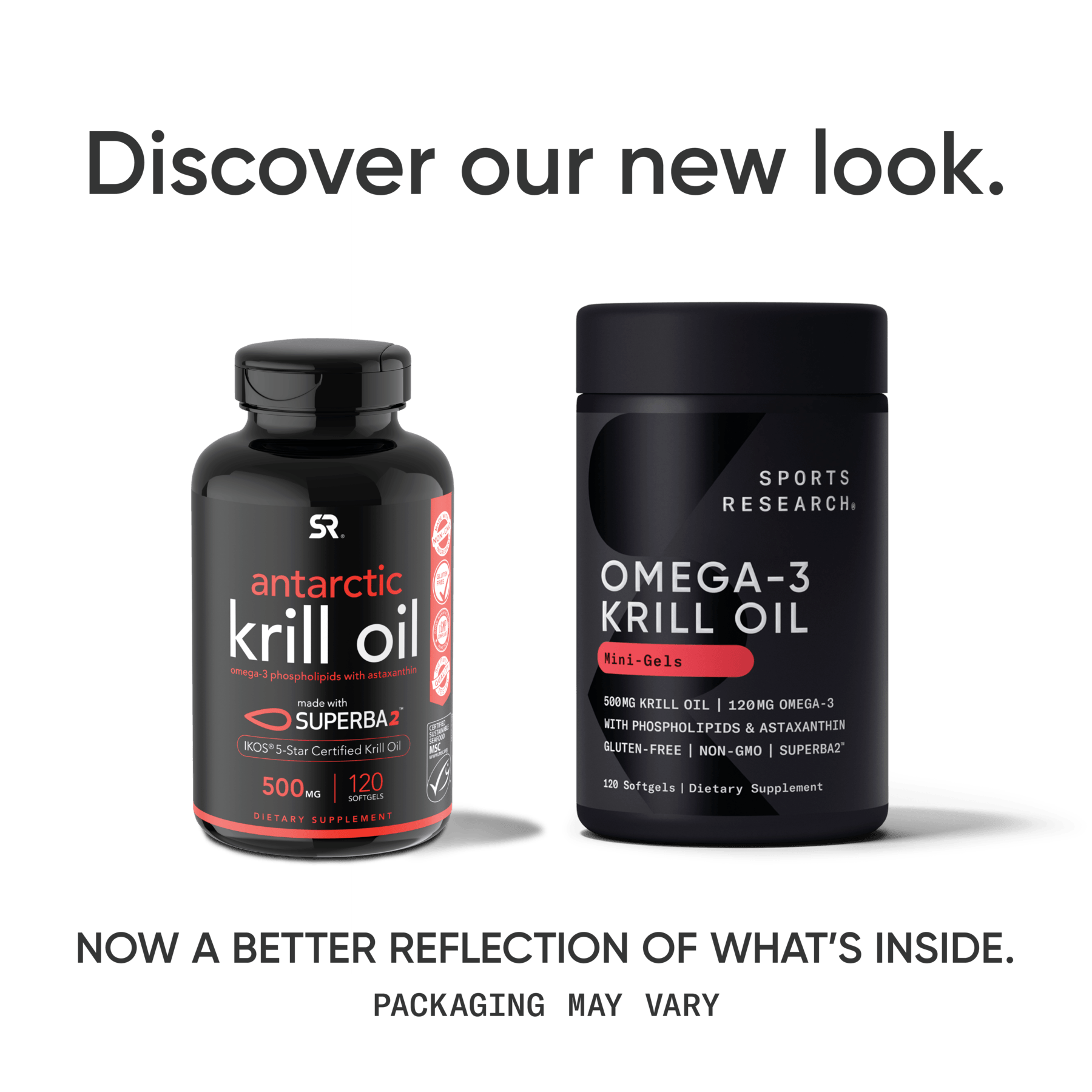 a bottle of Sports Research Omega-3 Antarctic Krill Oil Softgels and a bottle of Sports Research Omega-3 Antarctic Krill Oil Softgels.
