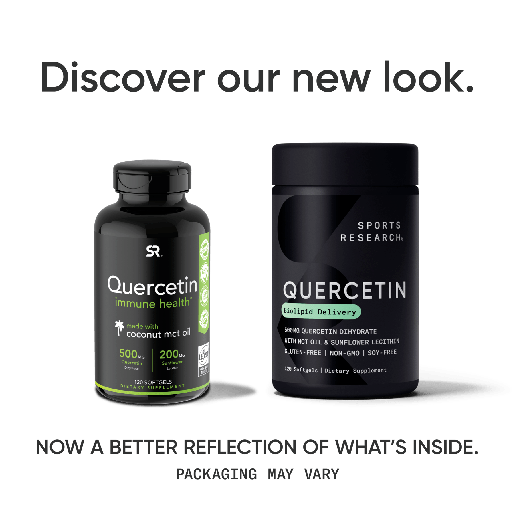 A bottle of Quercetin with Coconut MCT Oil from Sports Research with the words discover our new look.