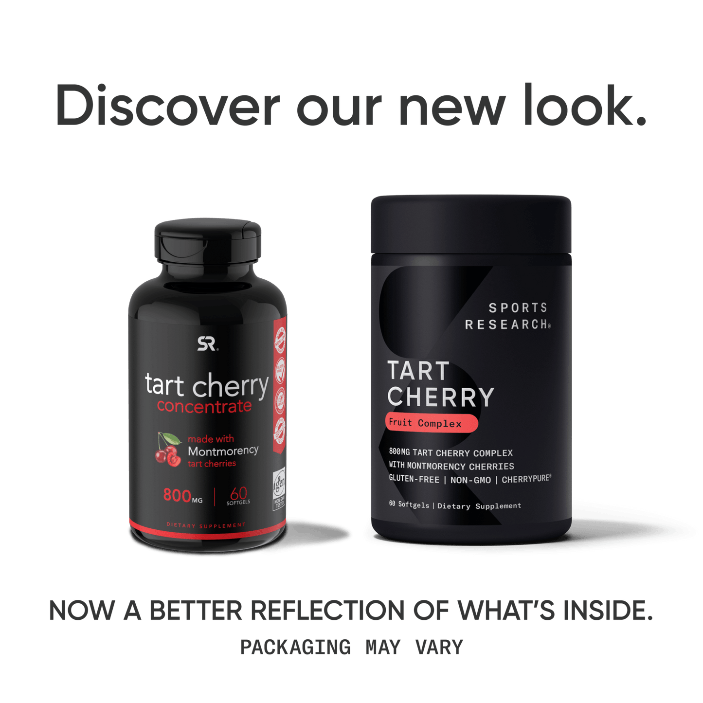 A bottle of Tart Cherry Fruit Complex with the text, discover our new look.