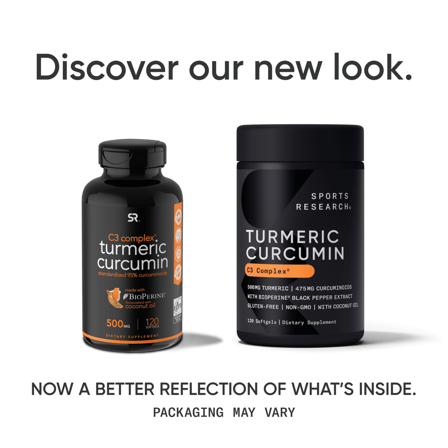 a bottle of Turmeric Curcumin with Coconut Oil and Bioperine® from Sports Research with the text, discover our new research Turmeric Curcumin.
