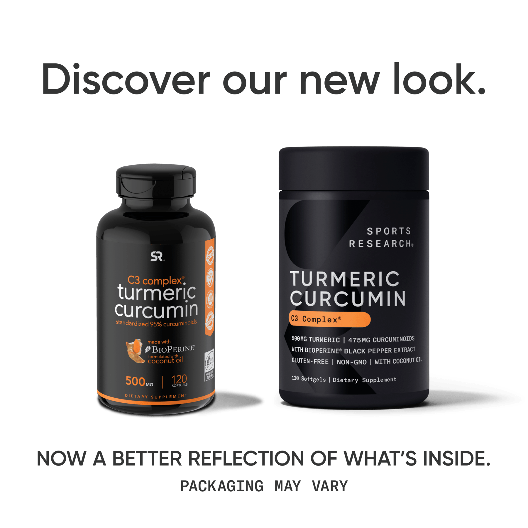 a bottle of Turmeric Curcumin with Coconut Oil and Bioperine® from Sports Research with the text, discover our new research Turmeric Curcumin.