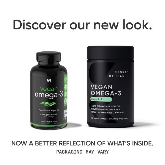 A bottle of Vegan Omega-3 from Algae Oil by Sports Research with the text, discover our new look.