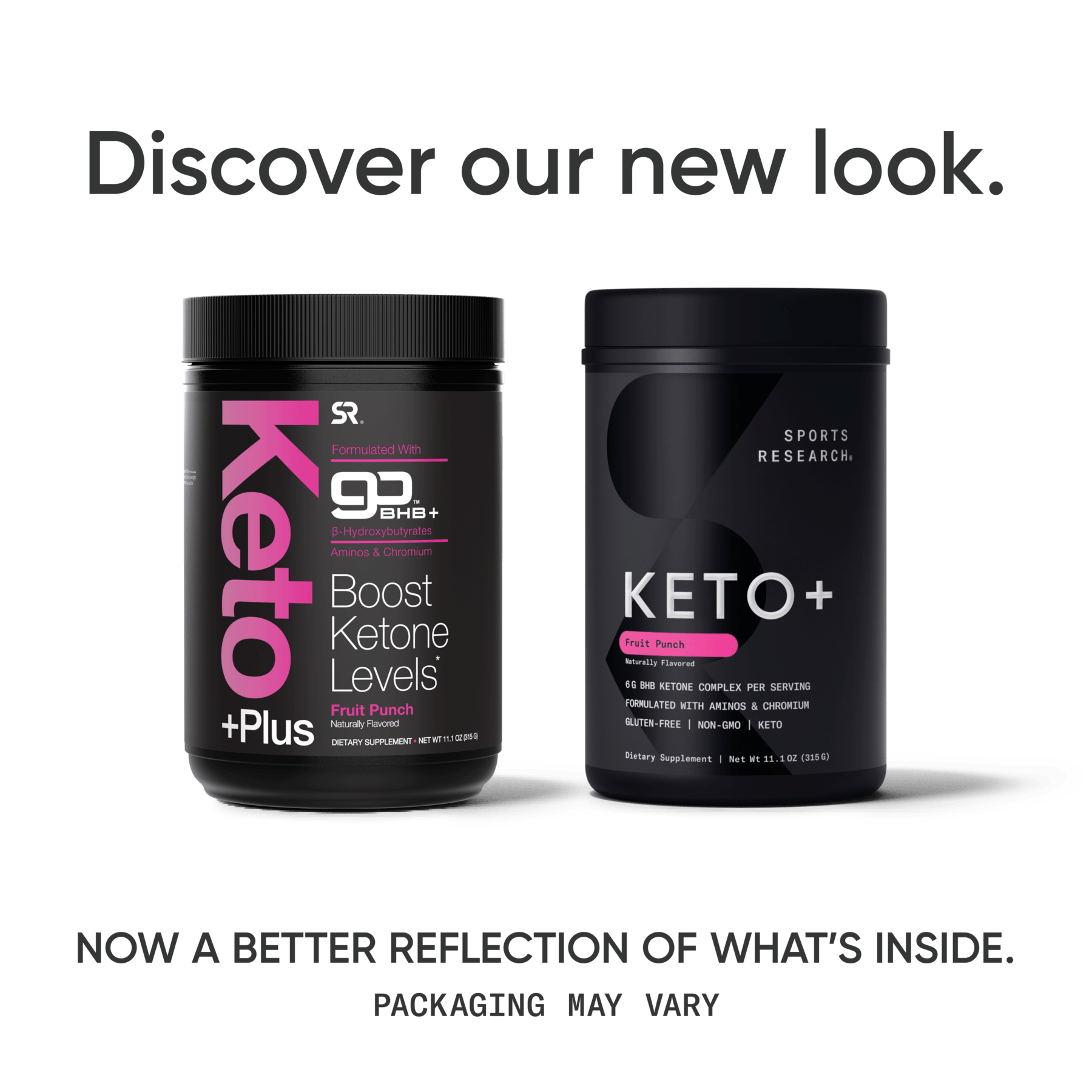 A bottle of Sports Research Keto Plus with BHB Exogenous Ketones, with the words "Discover our new look.