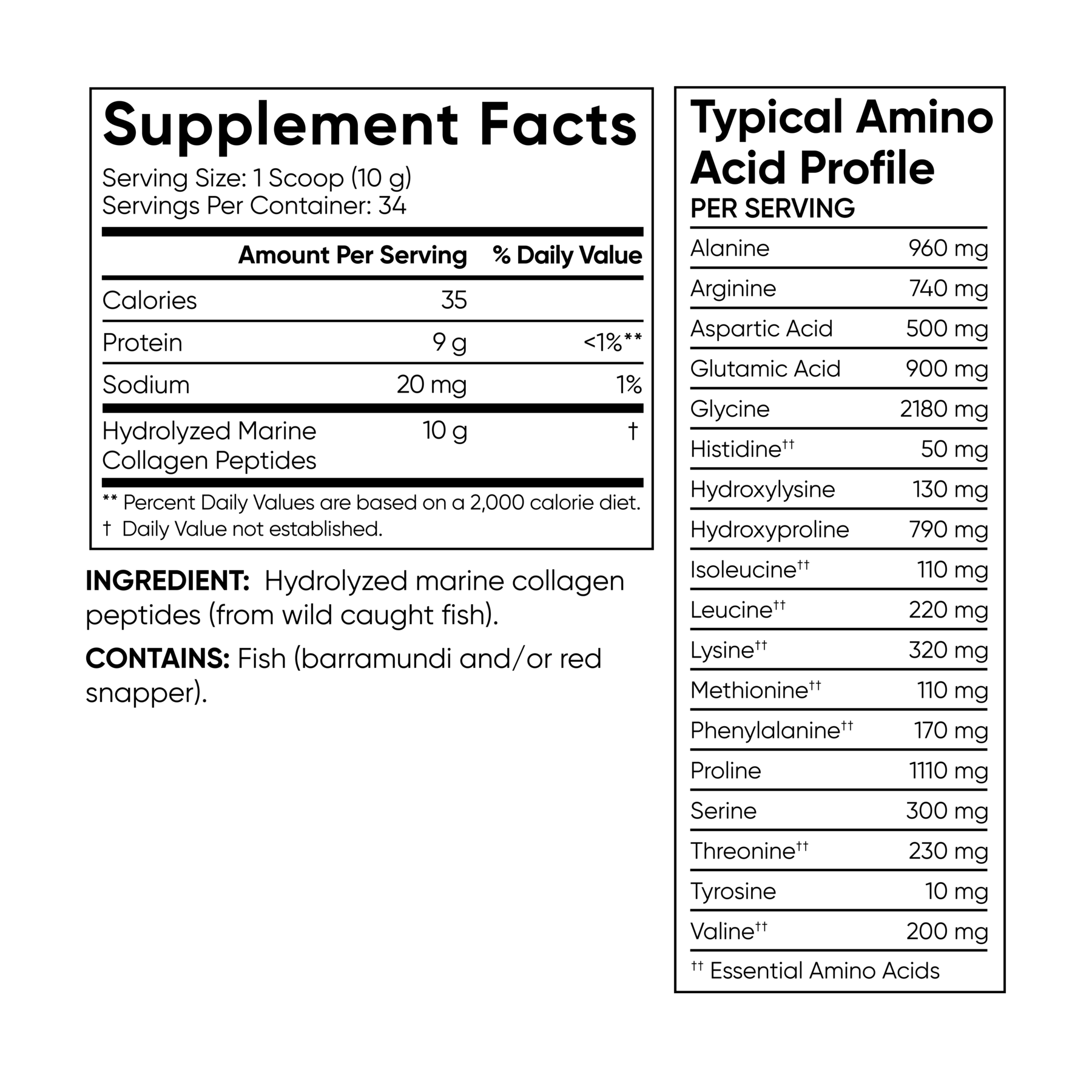a label showing the amino acid profile of Sports Research's Marine Collagen Peptides supplement.