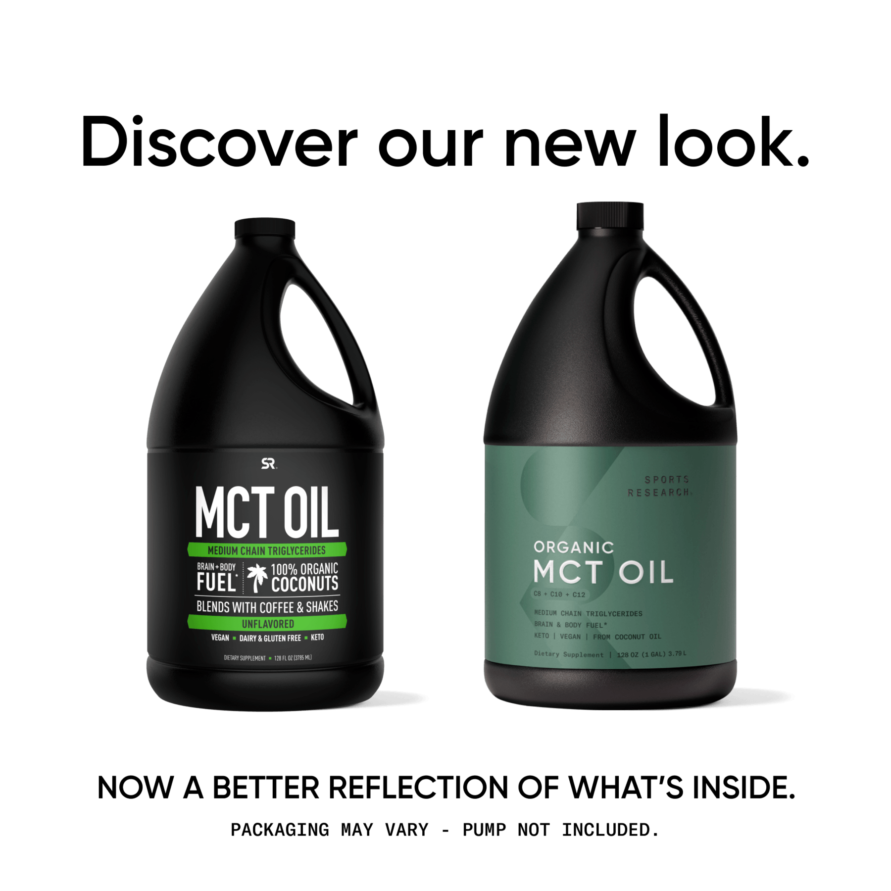 a bottle of Organic MCT Oil Full Spectrum by Sports Research with the words discover our new look.