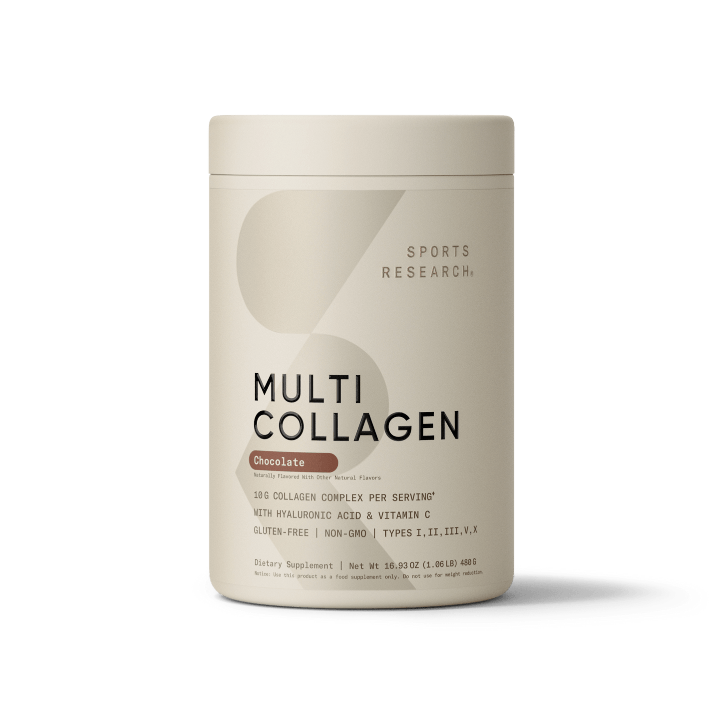 Sports Research Multi Collagen Powder with 5 Types of Collagen in chocolate flavor.