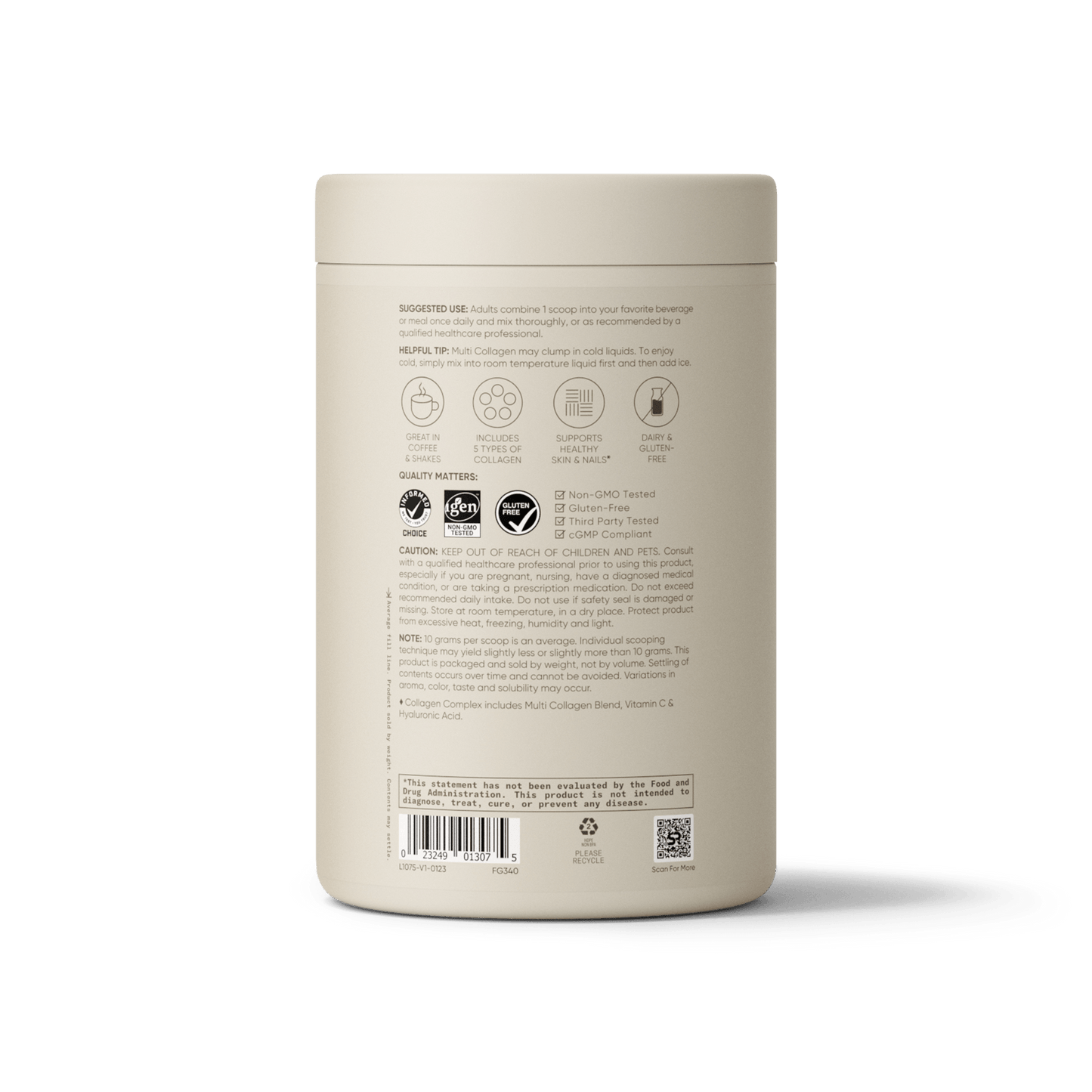 the back of a jar of Sports Research Multi Collagen Powder with 5 Types of Collagen.