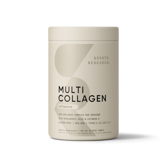 a jar of Sports Research Multi Collagen Powder with 5 Types of Collagen on a white background.