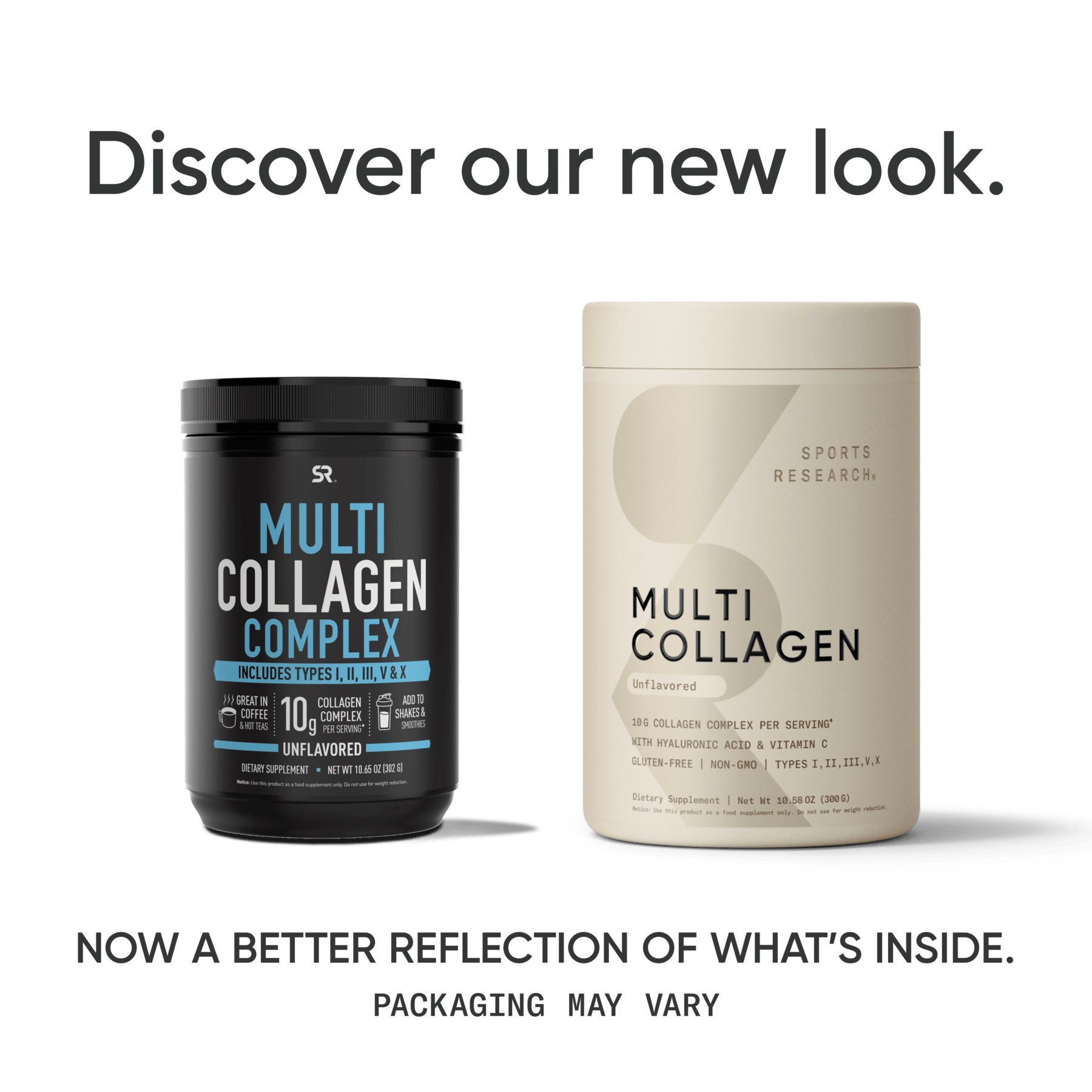 a bottle of Multi Collagen Powder with 5 Types of Collagen from Sports Research, with the text, discover our new Multi Collagen Powder with 5 Types of Collagen.