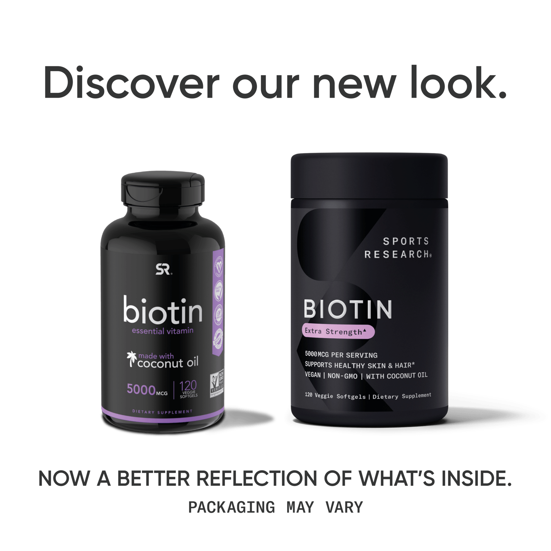a bottle of Biotin with Organic Coconut Oil with the words discover our new research by Sports Research.
