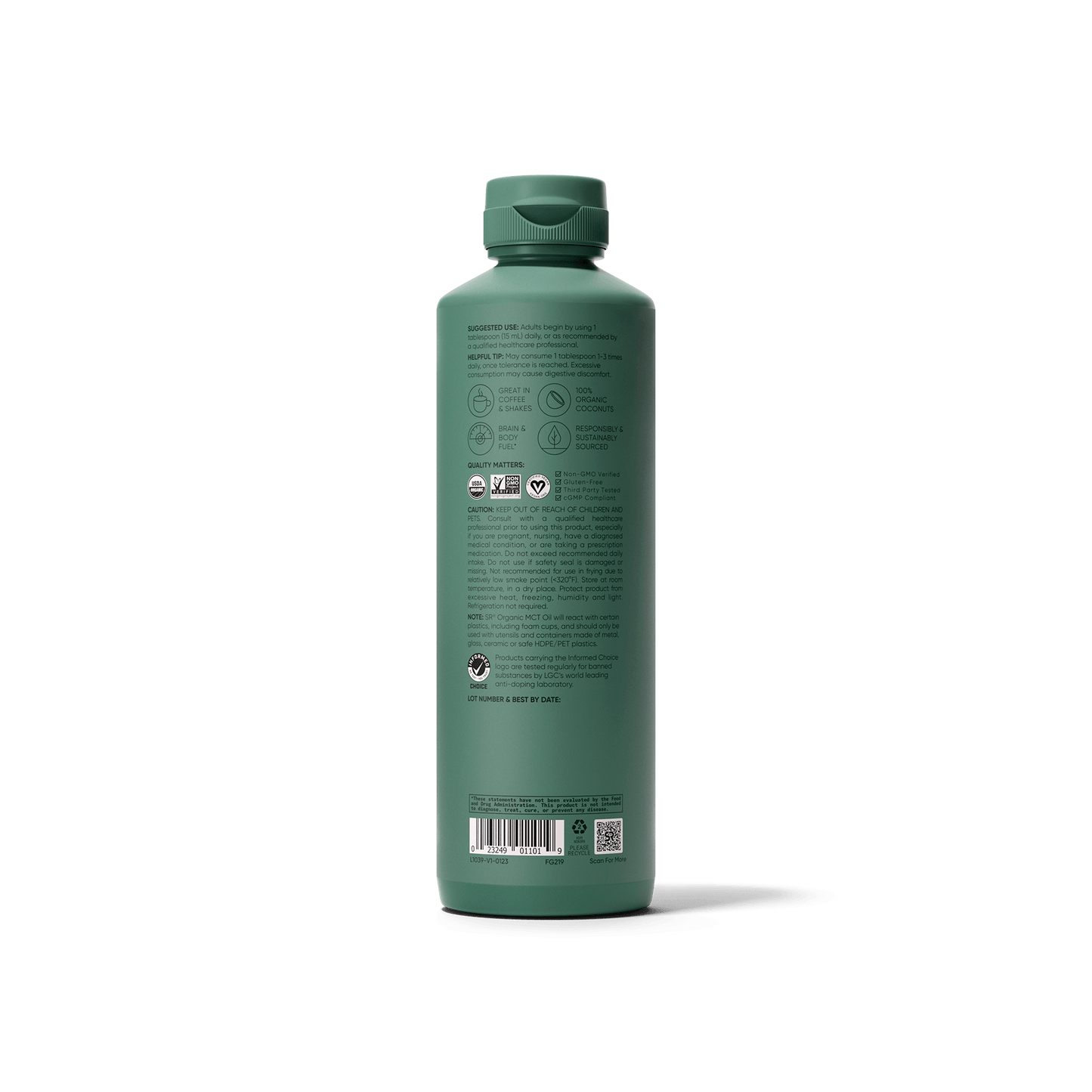 A bottle of Organic MCT Oil Full Spectrum shampoo by Sports Research on a green background.