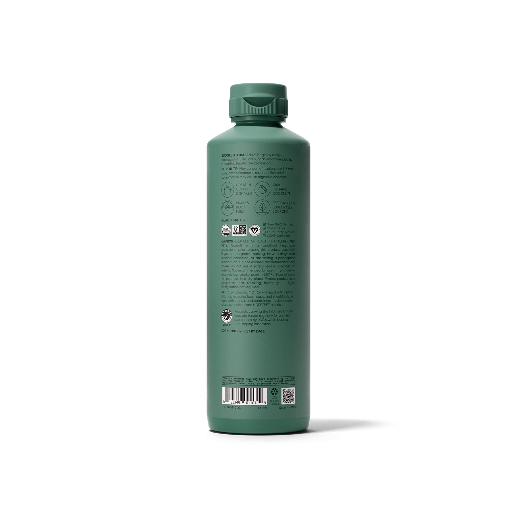 A bottle of Organic MCT Oil Full Spectrum shampoo by Sports Research on a green background.